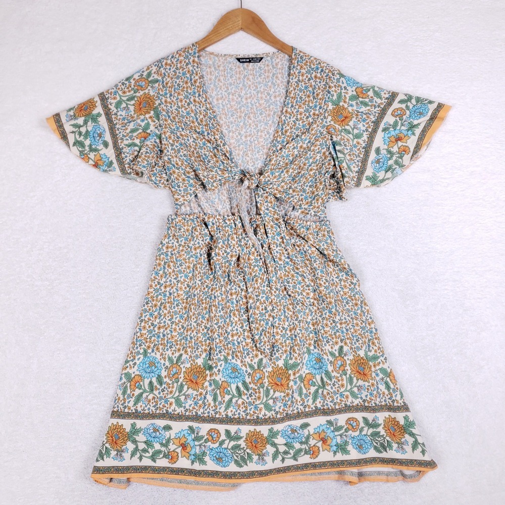 SHEIN Womens Boho Floral Tie Front Cutout Mini Dress Multicolor Size L Rayon